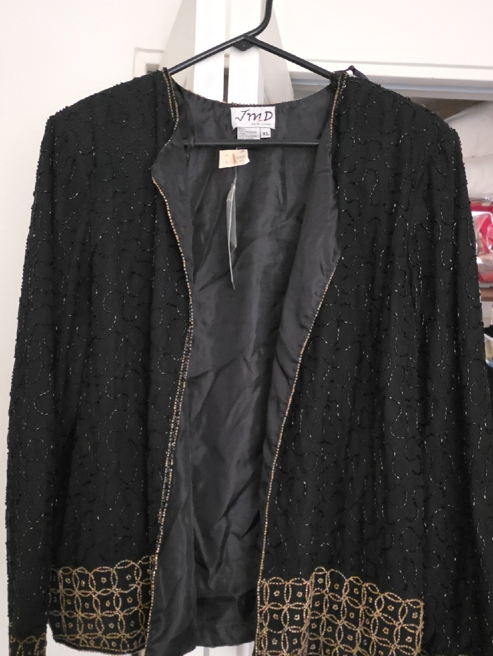 JMD Black Beaded Open-Front Jacket with Gold Trim